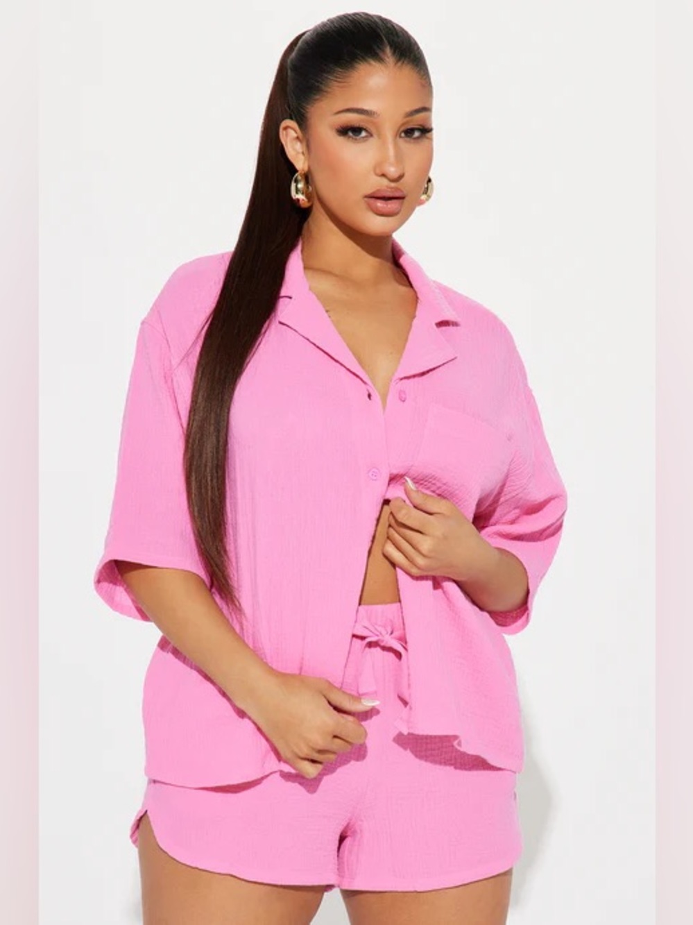 Women's Pink Two-Piece Short Set - Relaxed Button-Up & Elastic Waist Shorts - Picture 2 of 4